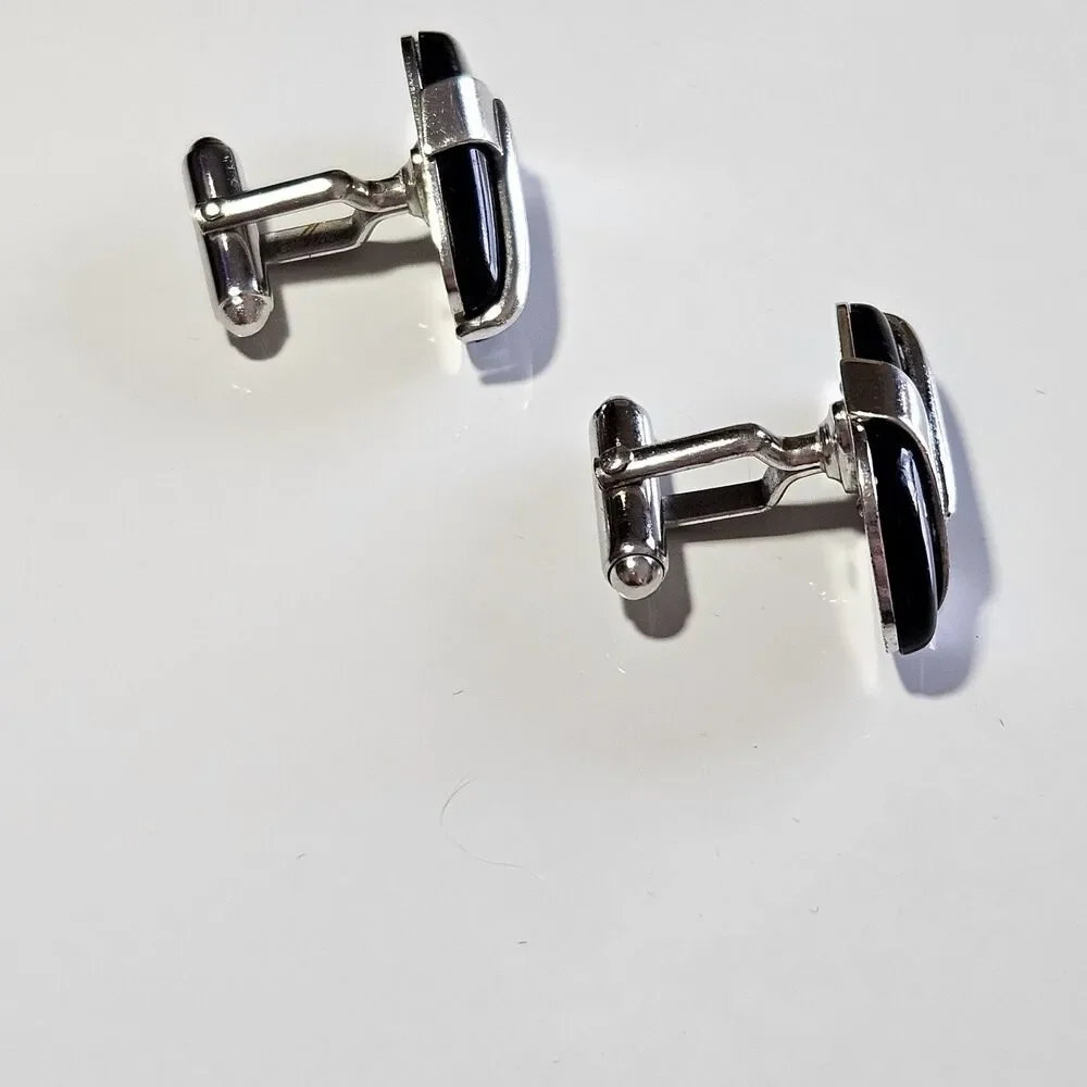 Vintage Anson Silver Tone Black Stone Cufflinks IOB